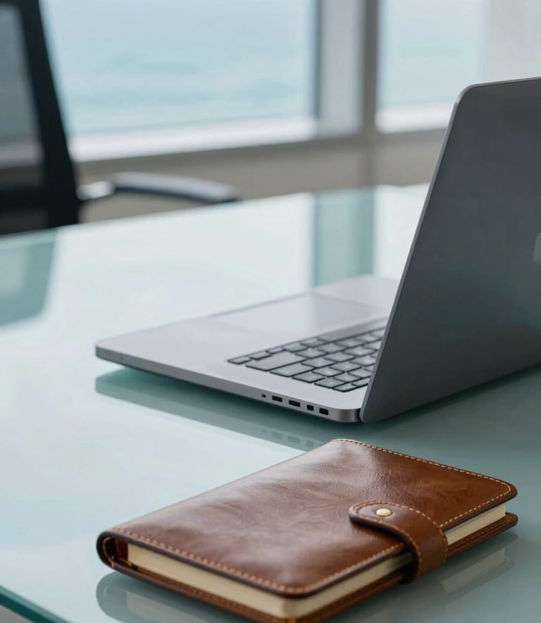 A close-up of a high-end laptop and a leather notebook on a glass desk in a modern Latin American / Spanish corporate office, with soft focus on ocean blue and pale mist blue interior details, natural bright light.