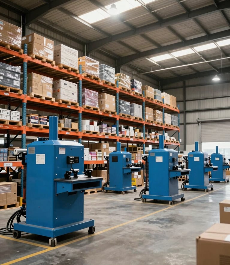 A wide angle shot of a clean, organized logistics warehouse in a Latin American / Spanish industrial zone, featuring modern shelving and sky blue industrial equipment under bright, clear lighting.