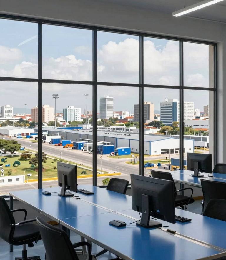 A wide-angle professional photograph of a bright, modern logistics coordination center in a Latin American / Spanish city. Through the large window, a glimpse of an organized industrial park. In the foreground, a clean steel blue workspace, reflecting a sense of reliability and modern efficiency.