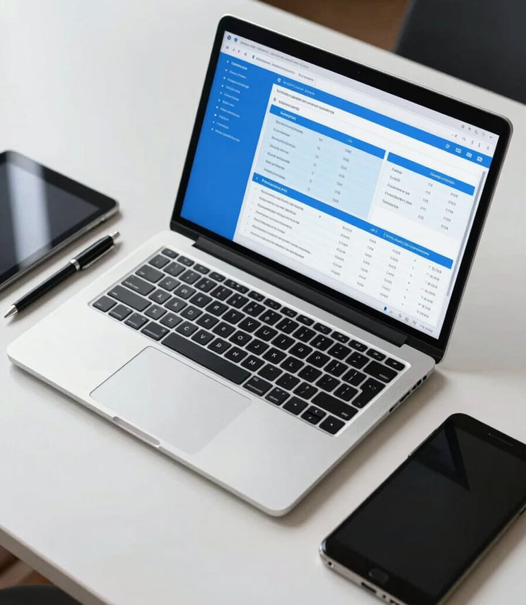 A high-angle professional shot of a clean, modern desk in a Latin American / Spanish business setting. On the desk is a laptop displaying a sleek, professional accounting dashboard with steel blue and light sky blue interface elements. Next to it, a neatly placed tablet and a pen, emphasizing efficiency and professional order.