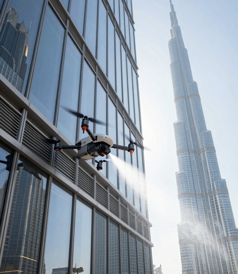 An action shot of an S-Drones branded cleaning drone spraying a gentle mist of water onto the high windows of a modern glass office building in Dubai. The Burj Khalifa is visible in the distant background under a clear sky. High-angle perspective showing the drone's precision near the architecture, clean and innovative commercial aesthetic.