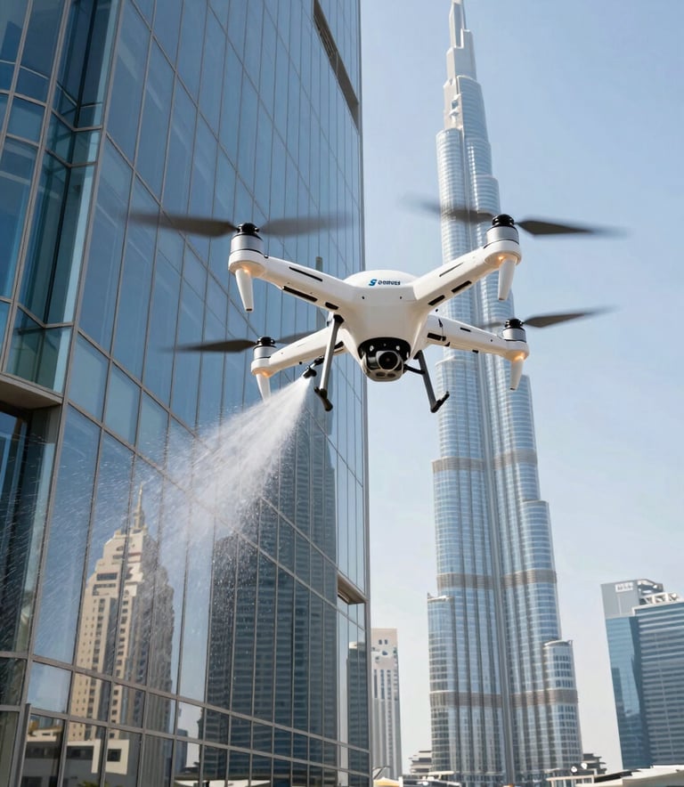 A wide-angle photography shot of a high-tech specialized industrial drone with a small blue S-Drones logo on its white chassis. It is hovering beside a gleaming glass office building in Dubai's Business Bay during bright daylight. The drone is spraying a fine mist of water onto the reflective windows. The background shows the distant Burj Khalifa and other skyscrapers under a clear blue sky. Modern, clean, and innovative aesthetic.
