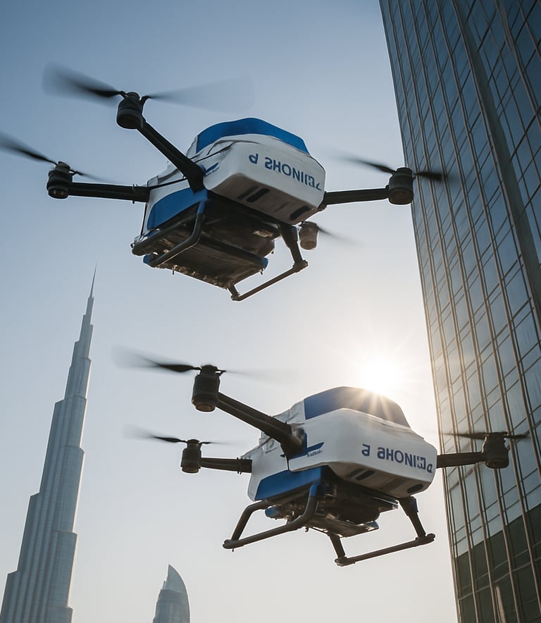 A dynamic, low-angle shot of two commercial cleaning drones in formation against the Dubai skyline. The drones are white and blue, marked with the S-Drones brand. They are positioned near the top of a futuristic skyscraper. The sun is shining, creating a lens flare and highlighting the metallic surfaces of the drones and the glass facade. The composition emphasizes technology and safety in a high-altitude Gulf setting.
