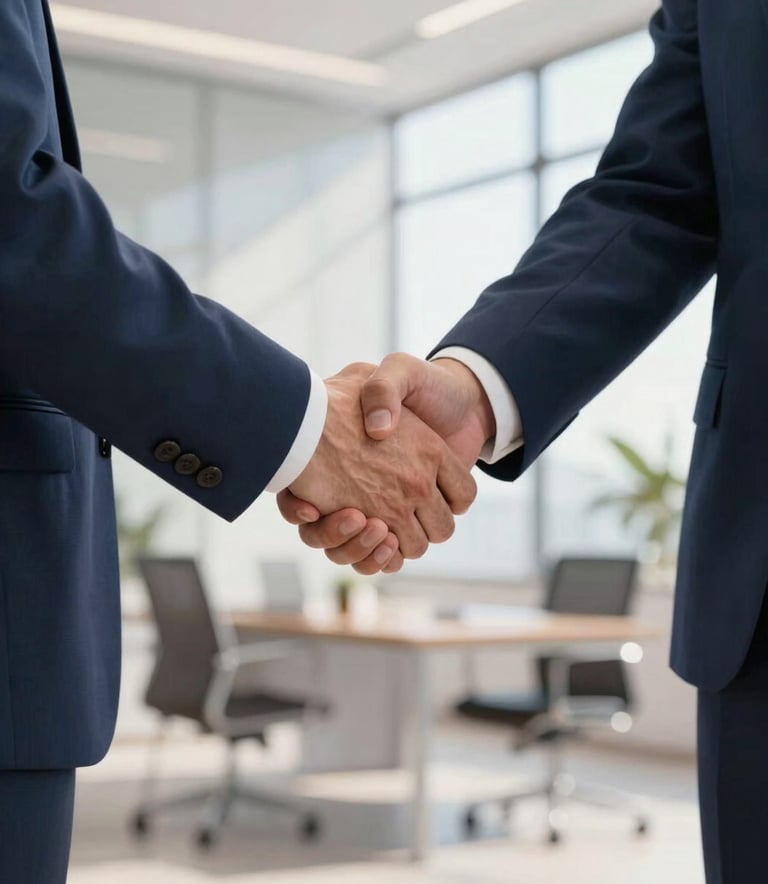 Photography of a professional handshake in a bright, modern North American corporate office, capturing the moment of a new partnership. The lighting is warm and natural, with a color palette of deep blue and soft white in the background, conveying trust and security.