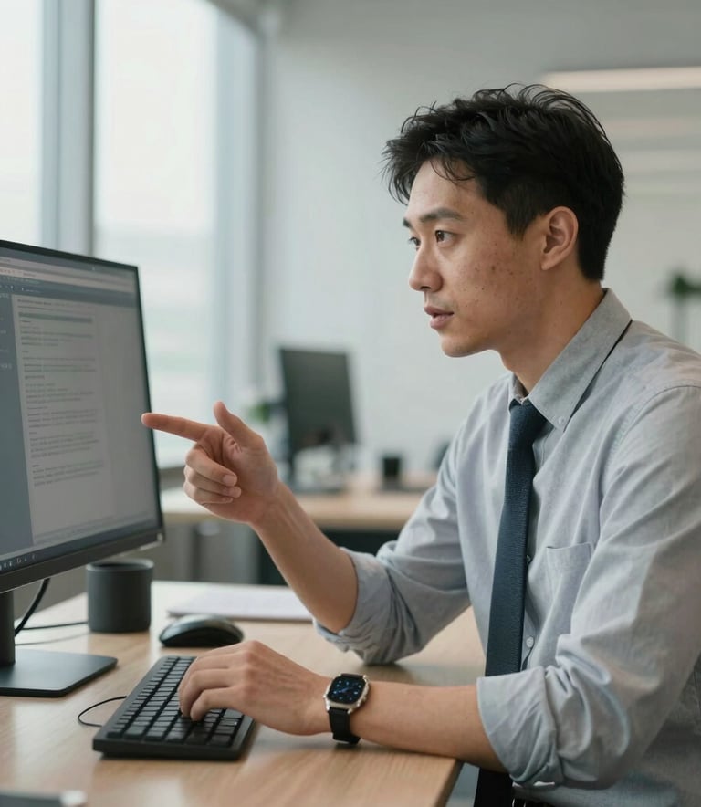 A professional cybersecurity consultant in a modern North American office setting, looking at a screen with a client while sharing expert advice, soft natural morning light, professional attire.