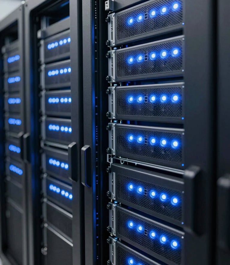 Close-up of a high-tech server room in a North American data center, rows of glowing blue lights on server racks, sharp focus, clean and professional atmosphere.