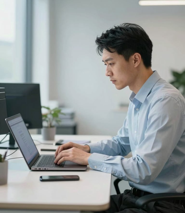 A professional cybersecurity consultant sitting in a modern, light-filled North American office, focusing on a laptop screen with soft blue lighting. The atmosphere is calm and focused, with a clean professional desk setup in shades of light blue and off-white.