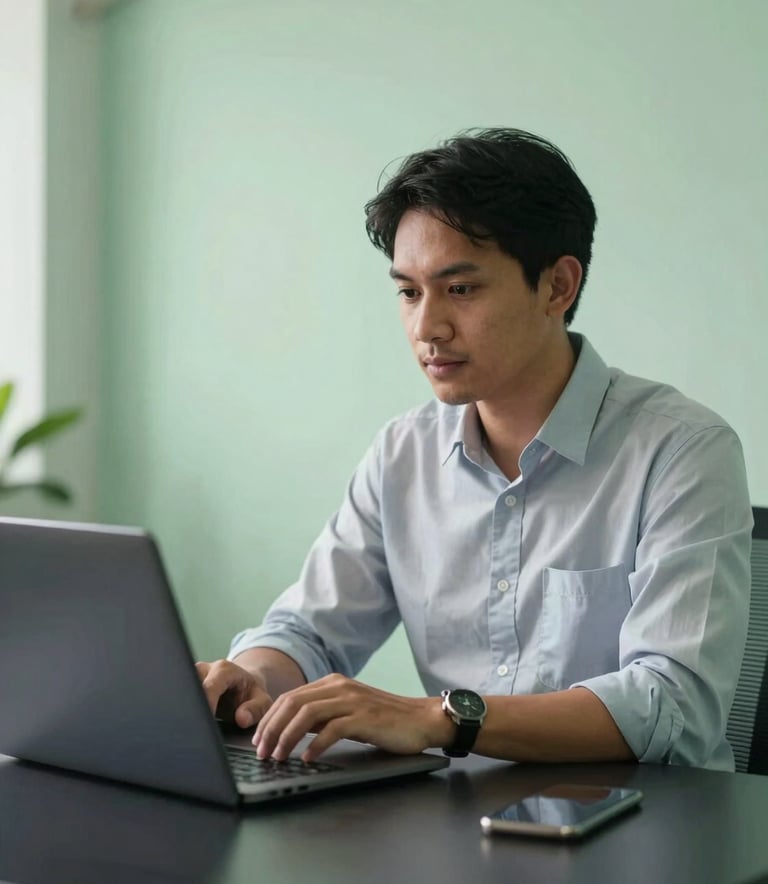 A focused professional in a modern Southeast Asian / Indonesian office setting working on a laptop, soft light green lighting, dark charcoal blue desk, clean and productive atmosphere.