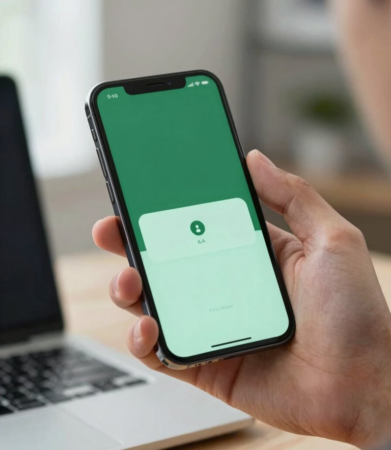 A close-up of a professional's hand holding a high-end smartphone with a modern app interface, set against a blurred professional Southeast Asian / Indonesian workspace. The scene features clean lighting with accents of forest green and seafoam green, evoking a sense of efficiency and reliability.