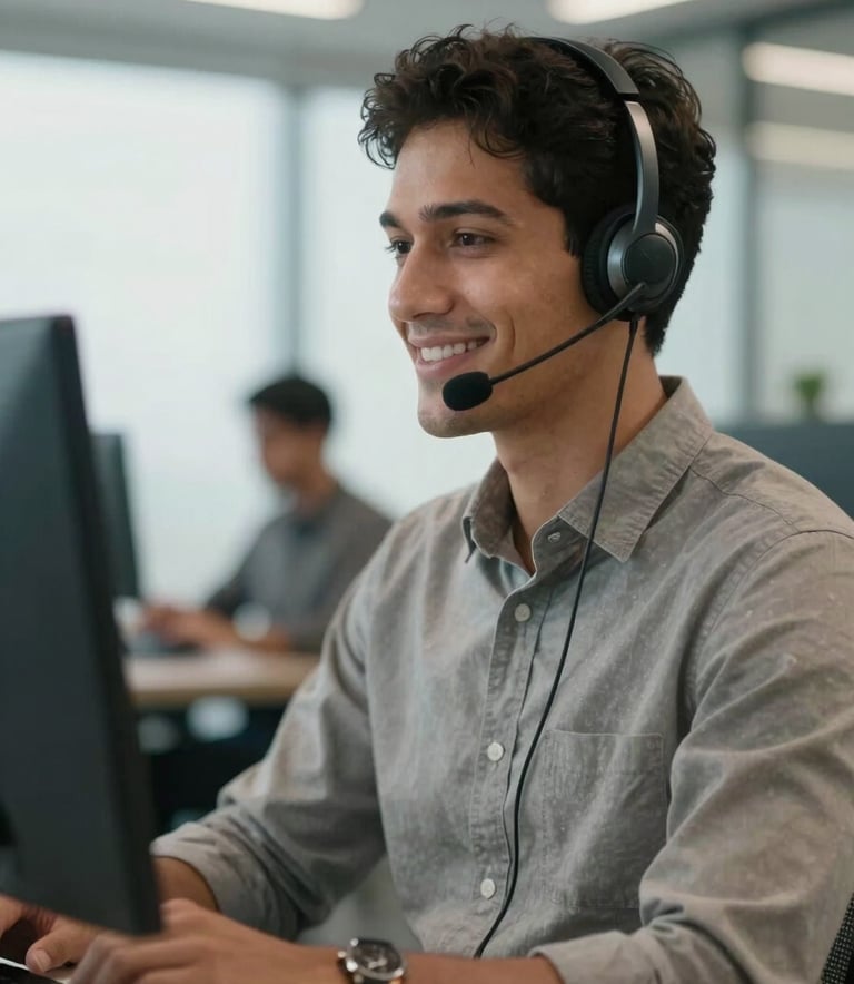 A professional South American customer service representative in business casual attire wearing a sleek headset, focused and smiling, modern office background in Brazil, bright and airy lighting.