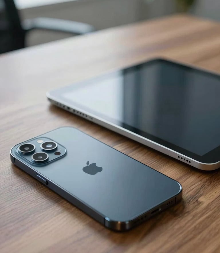 A close-up of a high-end smartphone and a modern tablet on a wooden desk, reflecting a clean office interior in Brazil, professional lighting, soft blue tones from the screen, photography.