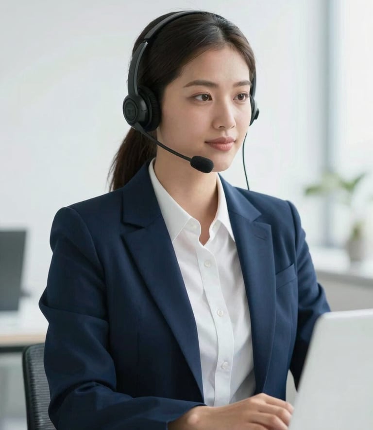 A sophisticated South American professional wearing a refined midnight blue blazer and a modern headset, speaking calmly into a microphone within a clean, pearl white office environment. The lighting is bright and natural, reflecting excellence in corporate customer service.