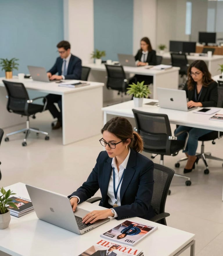 A bright, open-plan office in Brazil where professional staff work at pearl white desks. The atmosphere is calm and focused, with sky blue decorative elements and high-end menswear fashion magazines visible on coffee tables.