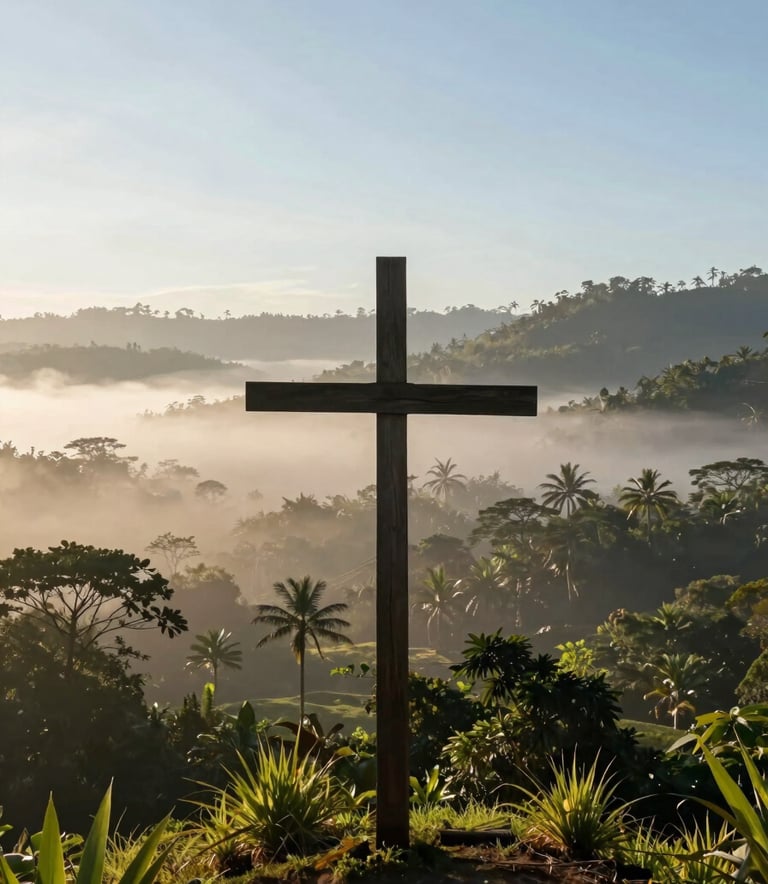 A serene silhouette of a wooden cross overlooking a lush tropical valley in a Central American / Costa Rican landscape during sunrise, Pale Mist White morning mist, peaceful and spiritual atmosphere with Soft Sky Blue tones.