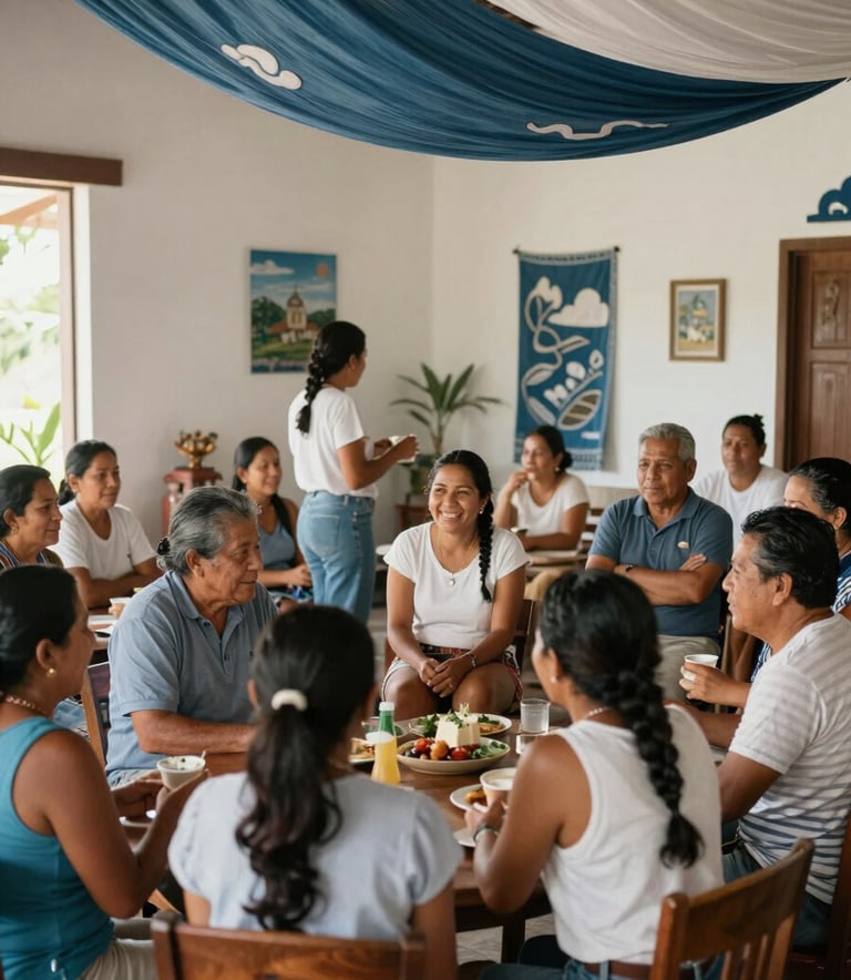 A warm, inviting scene of a community gathering in a bright, airy room in a Central American / Costa Rican town, people interacting with joy, decorated with Muted Steel Blue and Soft Cloud White textiles.
