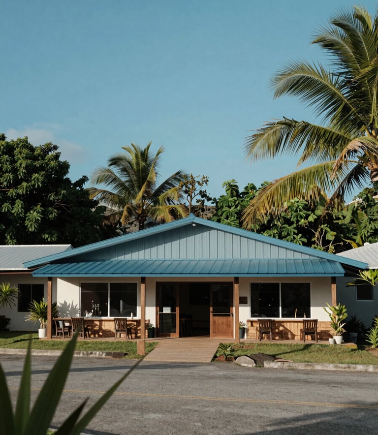 A modern and welcoming community building in a Central American / Costa Rican coastal setting, surrounded by tropical greenery and clear blue sky, composition is architectural and inviting, with Muted Blue accents.