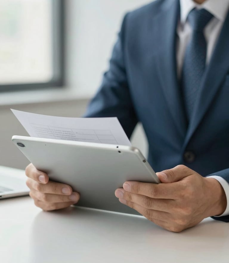 A close-up of a professional in a North American / US business suit reviewing documents on a modern tablet in a brightly lit office. The color palette features muted blue and soft off-white tones. The composition is clean and focused, projecting institutional reliability.