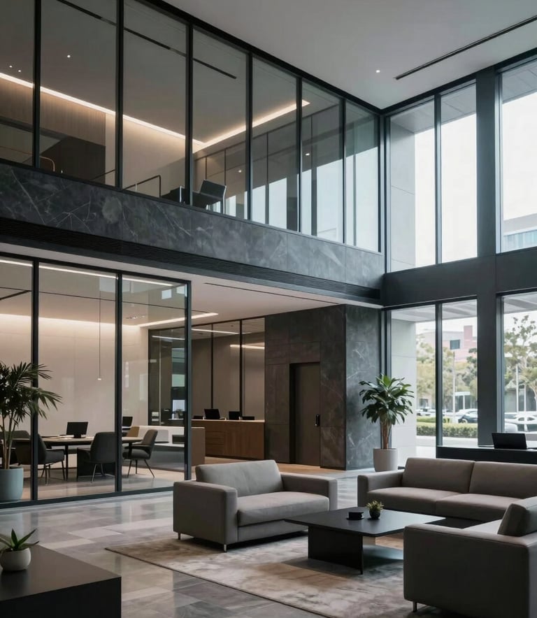 A wide-angle shot of a modern North American / US office lobby with glass walls and minimalist furniture. The lighting is soft and natural. Accents of dark slate grey and muted blue appear in the architecture, creating a professional and calm atmosphere.
