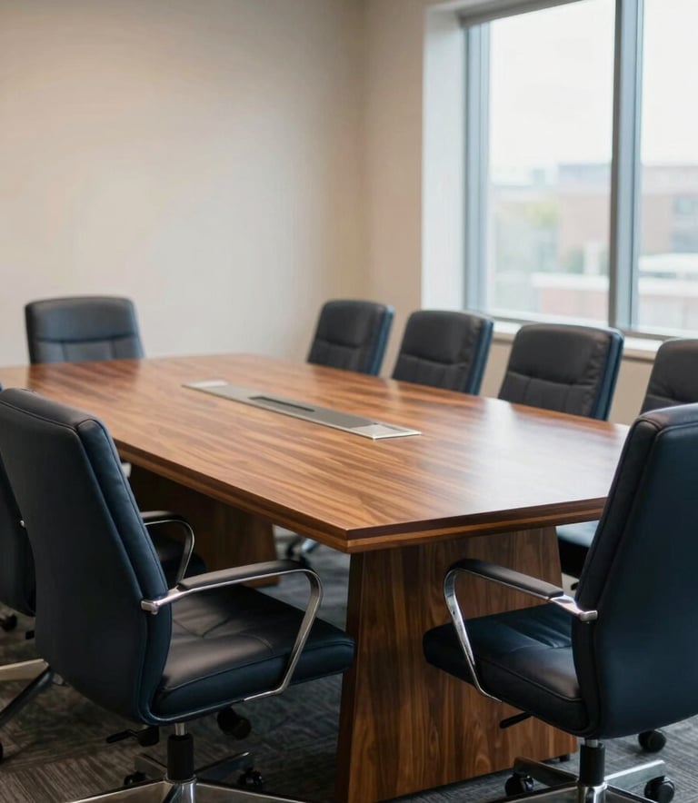 A clean, well-lit North American / US boardroom with a large wooden table and comfortable dark navy chairs. The lighting is natural and bright, conveying a professional and institutional atmosphere.