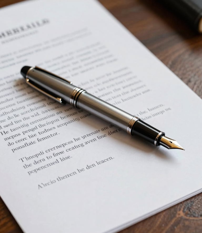 Close-up of a high-quality fountain pen resting on a legal document on a dark wooden desk. The scene conveys reliability and meticulous attention to detail in a Southern European setting.