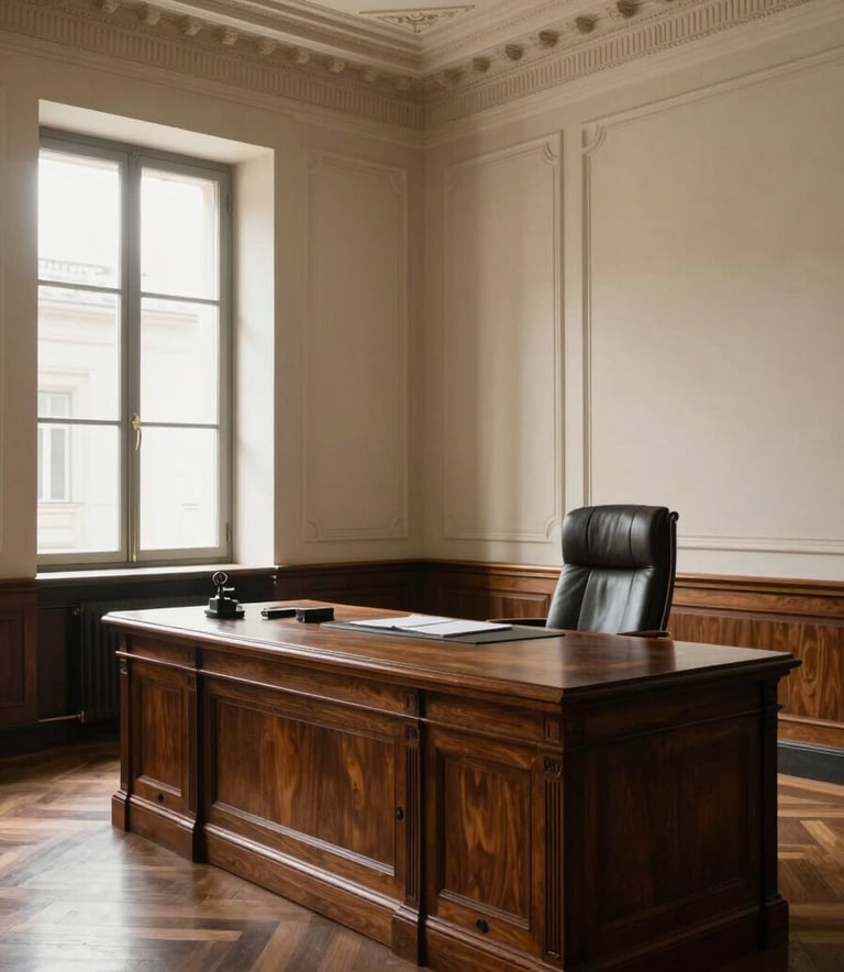 A wide photography shot of a sophisticated Italian law office interior. Dark wood furniture, elegant cream-colored walls, and a large window with soft sunlight. A professional and authoritative atmosphere with Southern European architectural details.