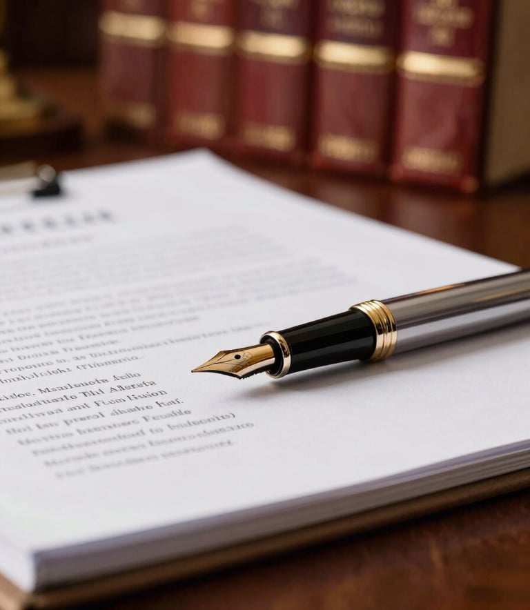 Close-up photography of a professional lawyer's desk in Italy. A high-quality fountain pen rests on a legal document, with a blurred background showing leather-bound law books. Lighting is warm and sophisticated, emphasizing gold and deep red tones.