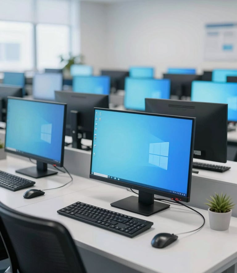A bright, professional computer lab interior in Talcher, showing rows of modern workstations with Windows 11, clean and organized, incorporating #F8FCFB and #1B4965 colors.
