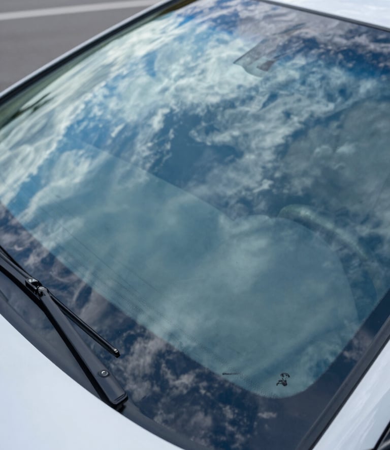 High-angle shot of a pristine, newly installed car windshield reflecting a clear bright blue sky and wispy white clouds, emphasizing crystal clarity and safety, North American setting.