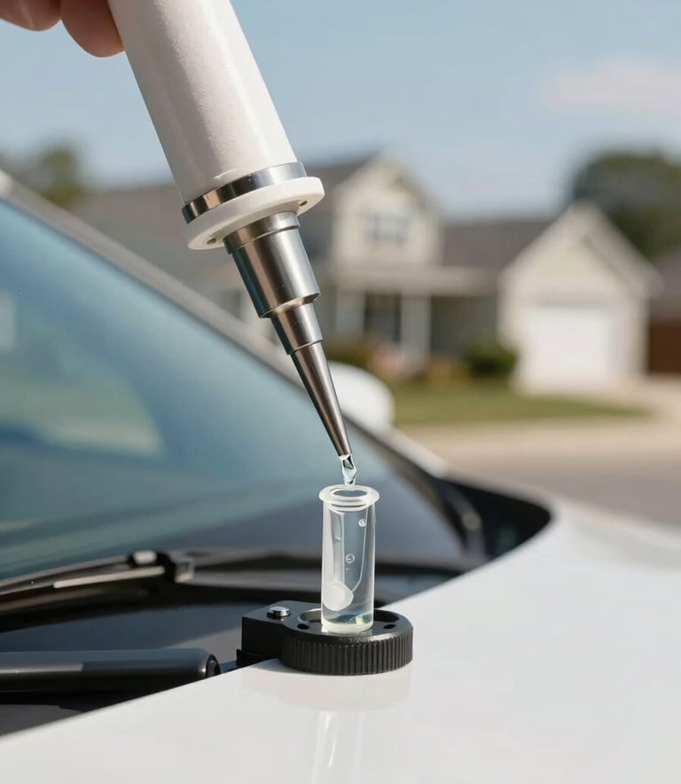 Macro photography of a precision glass repair injector mounted on a vehicle windshield. Clear resin is being applied with surgical accuracy. The background shows a soft-focus North American residential area under a bright, clean sky. Colors include shades of light blue and off-white.