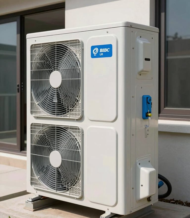 A high-efficiency air conditioning condenser unit installed outside a modern North American / US residence. The composition is a sharp architectural shot in bright daylight, showcasing clean lines and steel blue and off-white hardware finishes.