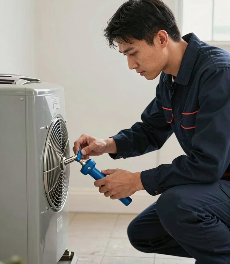 A professional HVAC technician in a dark navy uniform inspecting a modern furnace system in a North American / US home. The lighting is crisp and efficient, highlighting the steel blue tools and clean off-white surroundings.