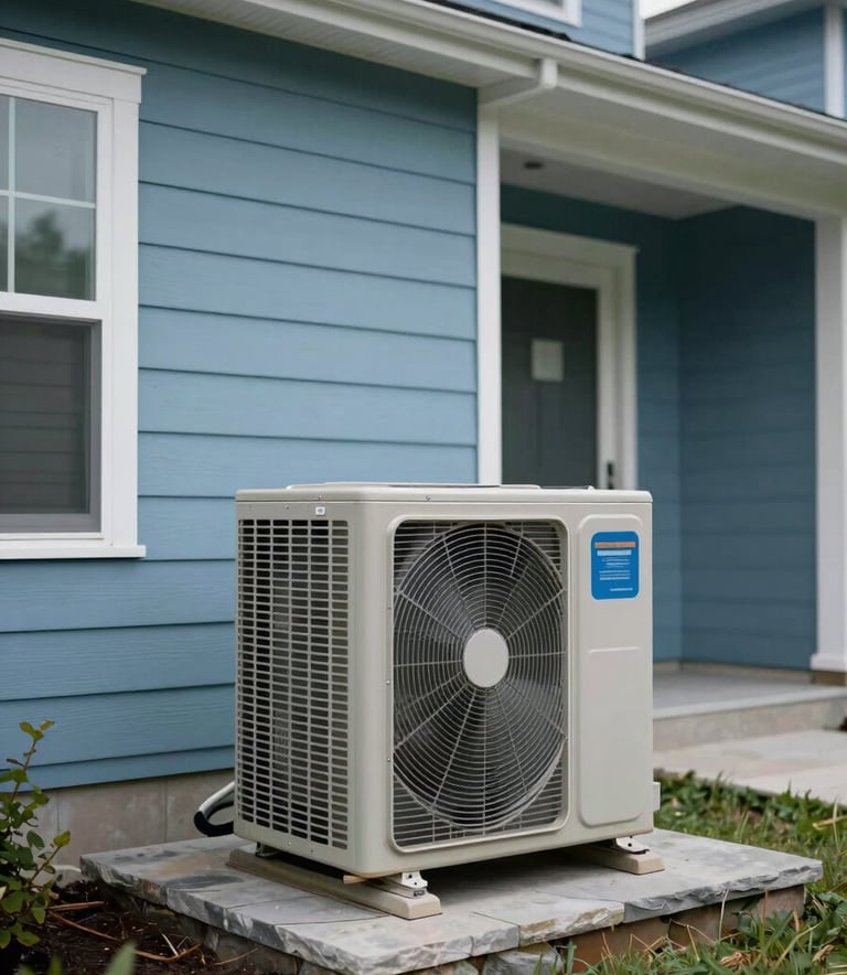 A high-efficiency outdoor air conditioning unit placed neatly on a stone pad next to a modern North American / US suburban house with soft sky blue siding.