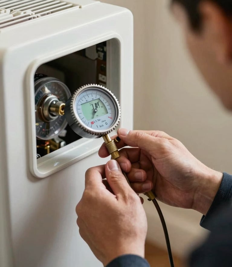Detail shot of a professional technician's hands using a digital gauge to check a furnace in a North American / US home, crisp off-white surroundings, sharp focus.