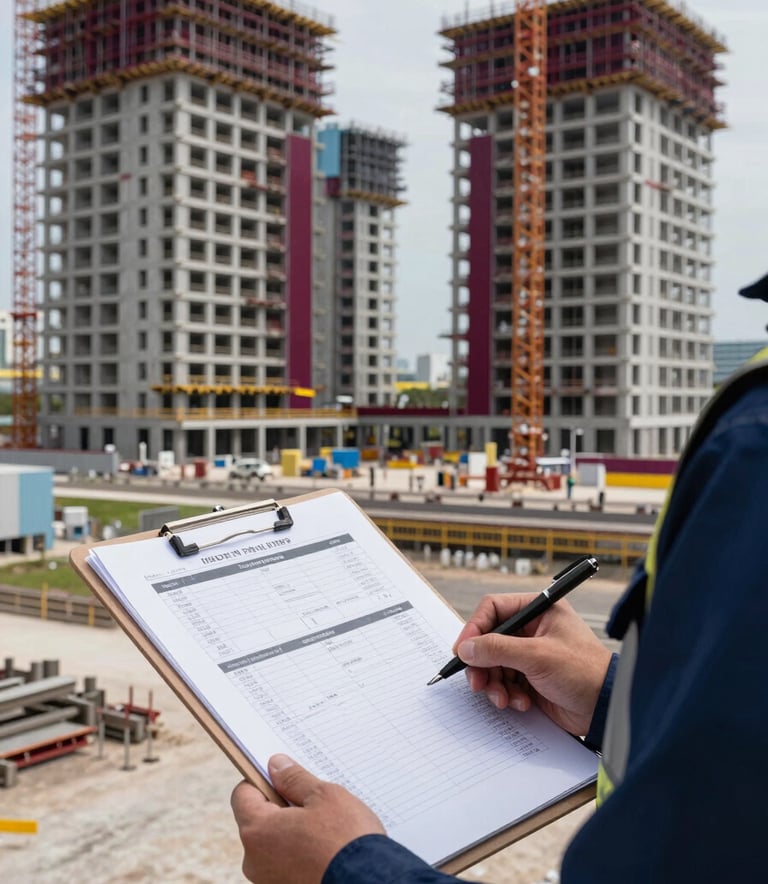 A wide shot of a large-scale modern building complex under construction. In the foreground, a technical report on a clipboard is visible, held by a professional in a dark royal blue safety vest. Deep carmine red accents are visible in the building's safety structures.