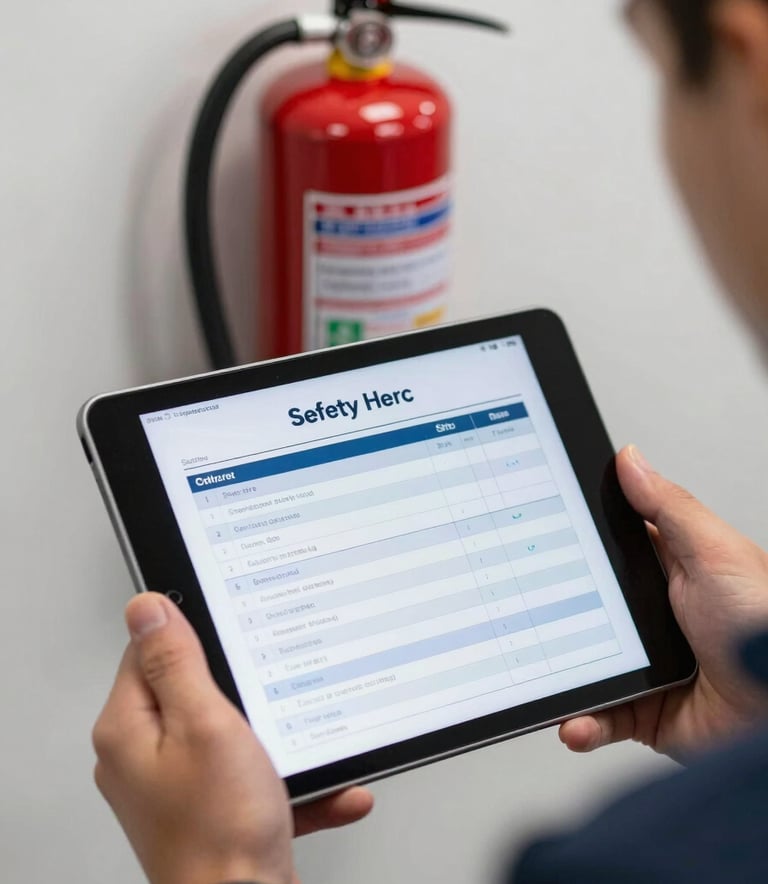 An engineer's hands holding a digital tablet displaying a technical safety checklist. In the background, a deep carmine red fire extinguisher is visible on a clean white wall. Professional, focused close-up.
