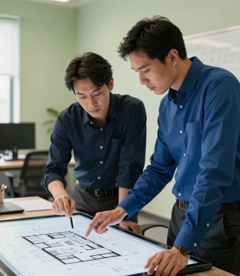 Professional office setting where two engineers are collaborating over a digital architectural plan on a large tablet. One engineer wears a dark royal blue shirt, and the office walls are a soft parchment green. The lighting is bright and modern, creating a collaborative atmosphere.