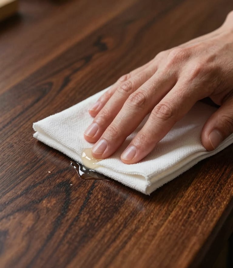 Detailed close-up of a hand applying clear wax to a polished dark oak surface with a soft cloth. Elegant lighting highlights the rich wood grain and texture in a European restoration workshop.
