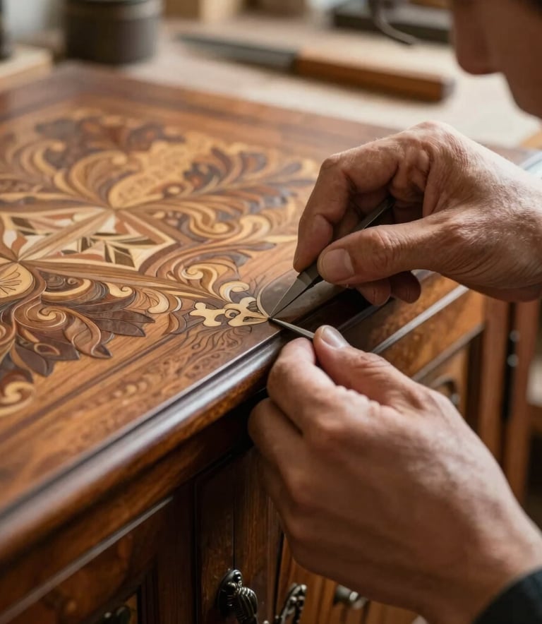 An artisan's hands in a European workshop, carefully repairing a delicate inlay on a vintage wooden cabinet. The scene is warm and inviting, with soft shadows and a focus on the precision of the craftsmanship.