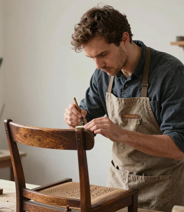 A skilled artisan in a classic apron carefully sanding a vintage wooden chair frame. Soft side lighting in a clean, professional Portuguese studio atmosphere.