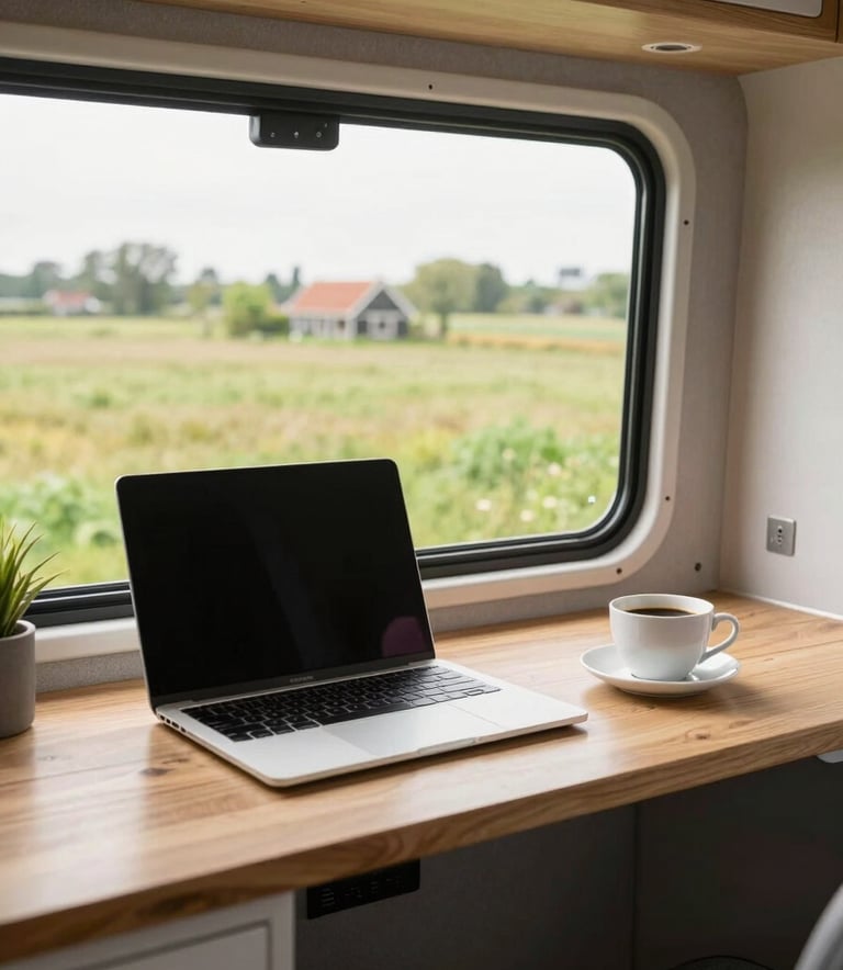 A high-quality photo of a modern, organized workspace inside a camper van. A laptop and a cup of coffee are on a wooden desk, with a beautiful view of a Dutch meadow through the window. Bright, natural morning light.