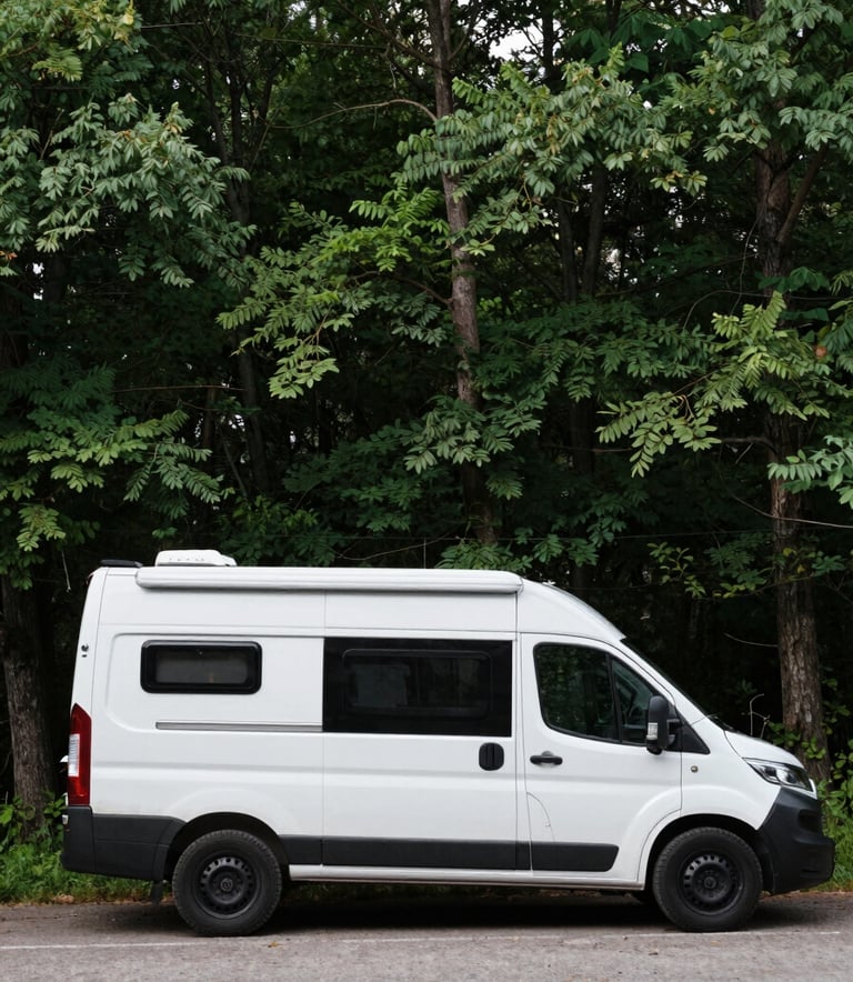 A minimalist, aesthetic view of a camper van parked in a lush Northern European forest. The scene is calm and professional, emphasizing a grounded and focused lifestyle away from the urban noise.