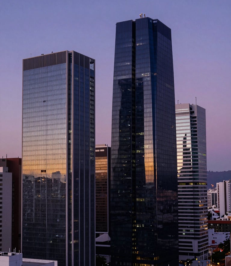 A high-end, modern architectural view of a financial district in a Latin American city at sunset, featuring sleek glass buildings reflecting deep navy blue and muted purple colors of the evening sky, suggesting stability and growth.