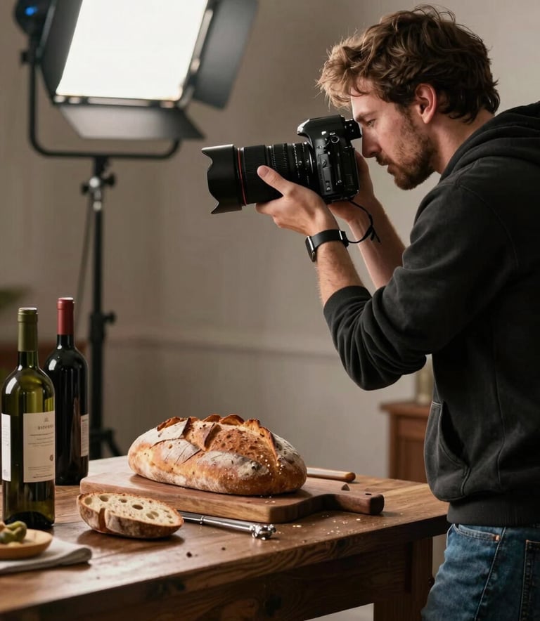 A professional behind-the-scenes shot of a photographer in a Western / European-influenced studio setting up a scene with rustic bread and wine. Professional lighting equipment is visible, creating a refined, expert mood.