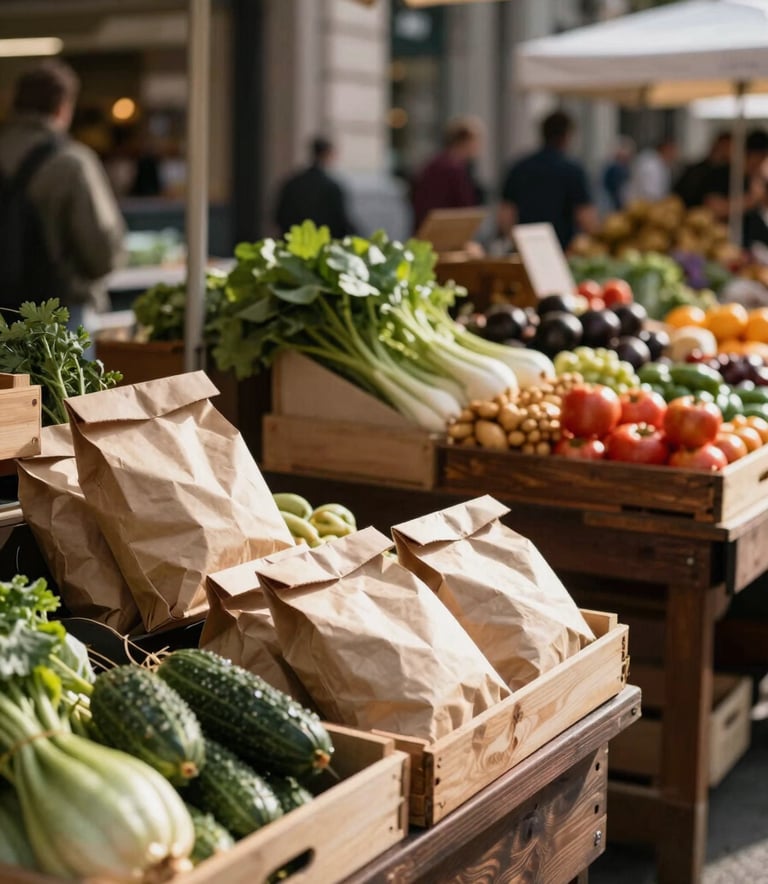 A sophisticated, authentic view of a modern farmers' market in a Western / European-influenced city. Stalls are made of dark wood and display organic produce. The atmosphere is warm and grounded, with soft sunlight filtering through Crisp Parchment paper packaging.