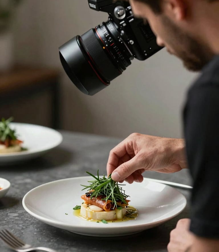 A behind-the-scenes photography session in a Western / European-influenced studio. A professional photographer is meticulously arranging a garnish of Matte Forest Green herbs on a gourmet dish. The lighting is soft and professional, capturing a refined, authentic moment of content creation.