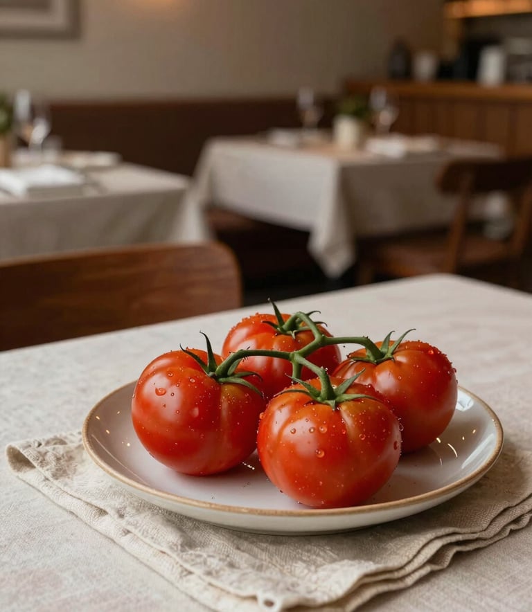 A cozy Scandinavian-style restaurant interior with warm lighting. A table features a plate of Deep Ripe Crimson heirloom tomatoes on a Crisp Parchment linen cloth. The setting is a refined, Western / European-influenced dining room.