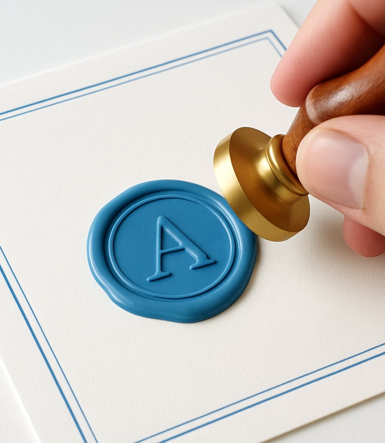 Close-up of premium textured paper invitation being hand-finished with a custom wax seal, featuring #F0F4F7 paper and #76CDF0 blue accents in a bright studio setting.
