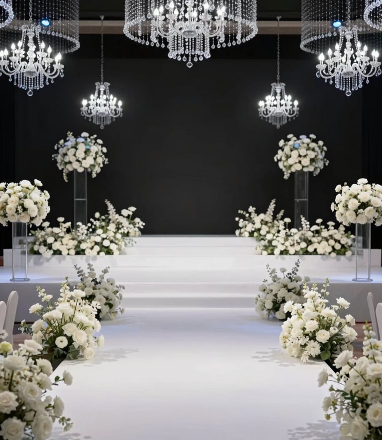 A grand, modern luxury wedding stage in Sharjah featuring a minimalist black backdrop, white floral installations, crystal chandeliers, and #76CDF0 ambient lighting for a sophisticated atmosphere.