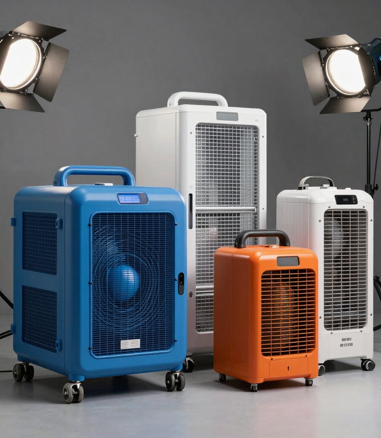 A clean, organized array of high-tech drying equipment including blue air movers and orange dehumidifiers ready for dispatch. Professional studio lighting, highlighting the modern gear.