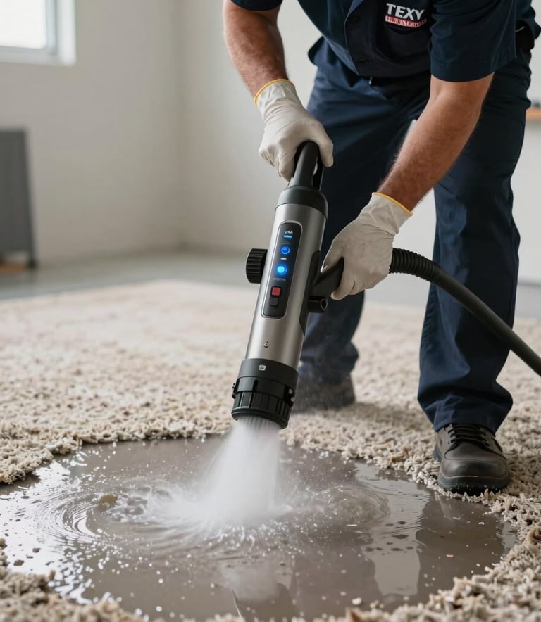 A professional restoration technician wearing a branded uniform and gloves, using a high-powered water extraction wand on a damp carpet, North American setting in Miami, Florida.